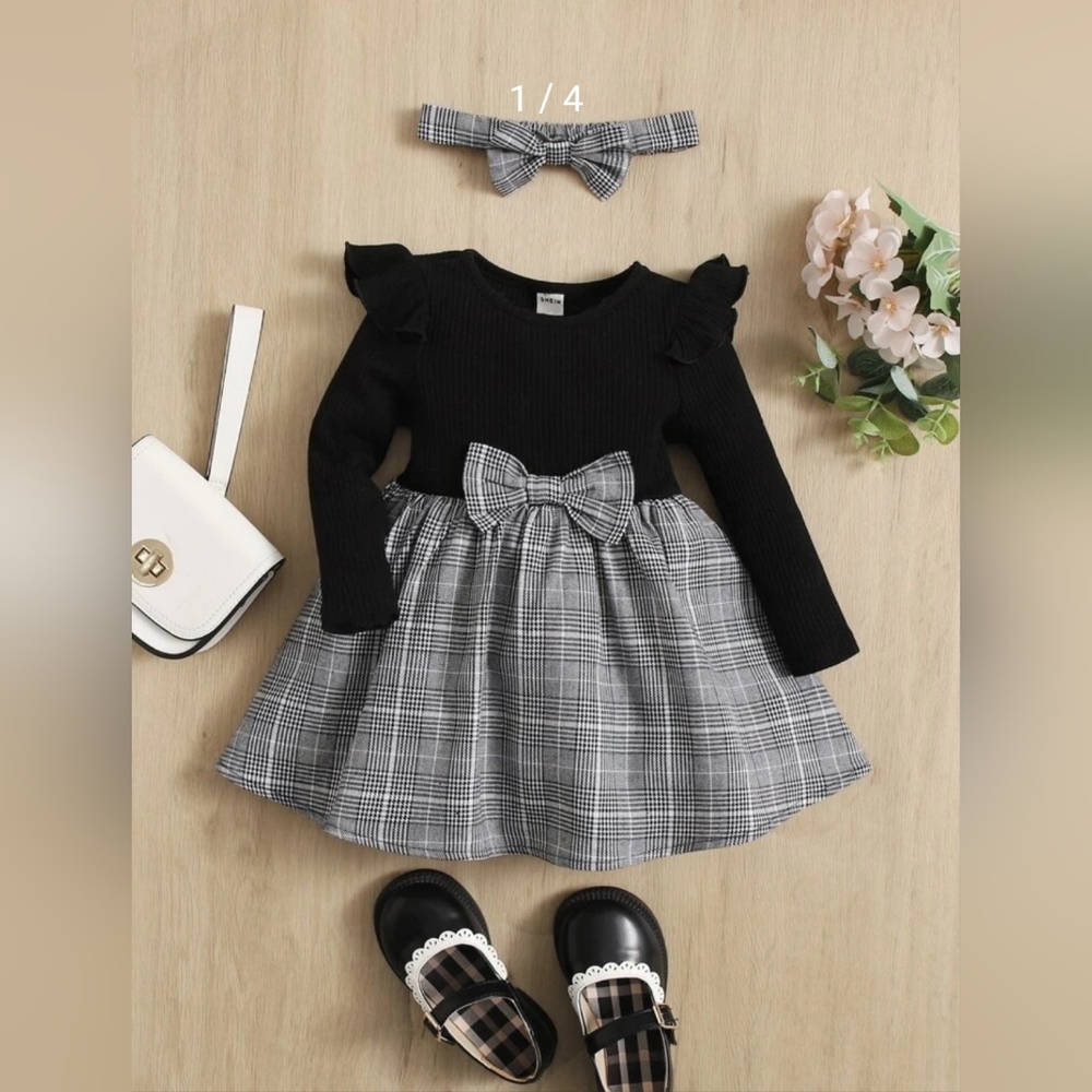 SHEIN Baby Plaid Print Ruffle Trim Bow Front Dress With Headband